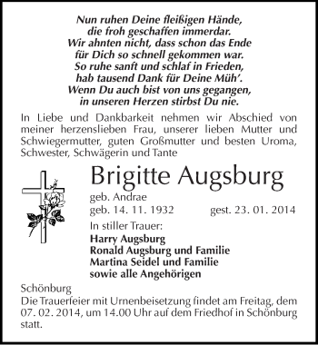 Traueranzeige von Brigitte Augsburg von Mitteldeutsche Zeitung Naumburg/Nebra