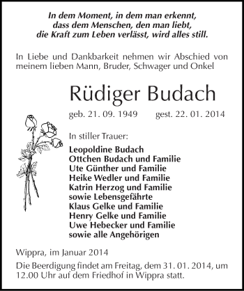 Traueranzeige von Rüdiger Budach von Mitteldeutsche Zeitung Sangerhausen