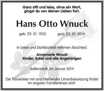 Traueranzeige von Hans Otto Wnuck von Mitteldeutsche Zeitung Quedlinburg