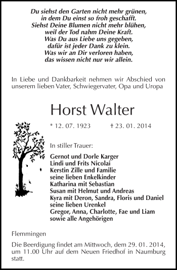 Traueranzeige von Horst Walter von Mitteldeutsche Zeitung Naumburg/Nebra