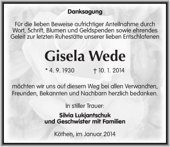 Traueranzeige von Gisela Wede von Mitteldeutsche Zeitung Köthen