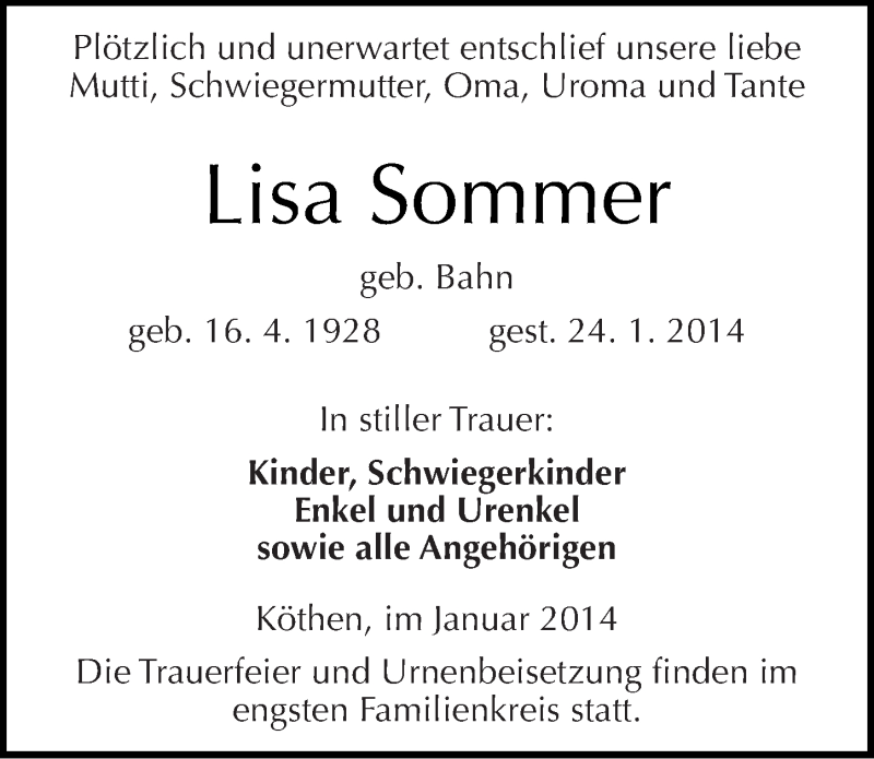  Traueranzeige für Lisa Sommer vom 28.01.2014 aus Mitteldeutsche Zeitung Köthen