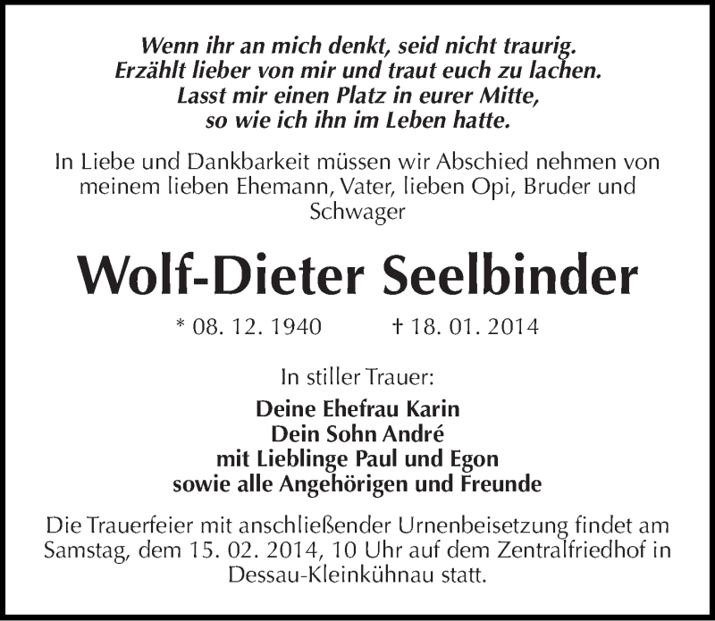  Traueranzeige für Wolf-Dieter Seelbinder vom 29.01.2014 aus Mitteldeutsche Zeitung Dessau-Roßlau