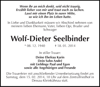Traueranzeige von Wolf-Dieter Seelbinder von Mitteldeutsche Zeitung Dessau-Roßlau