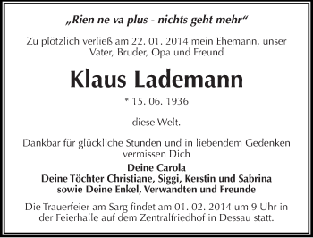 Traueranzeige von Klaus Lademann von Mitteldeutsche Zeitung Dessau-Roßlau