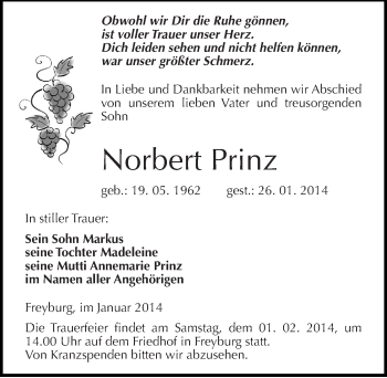 Traueranzeige von Norbert Prinz von Mitteldeutsche Zeitung Naumburg/Nebra