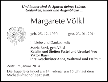 Traueranzeige von Margarete Völkl von Mitteldeutsche Zeitung Zeitz