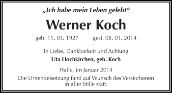 Traueranzeige von Werner Koch von Mitteldeutsche Zeitung Halle/Saalkreis