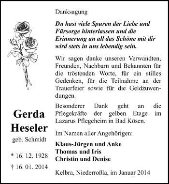Traueranzeige von Gerda Heseler von Mitteldeutsche Zeitung Sangerhausen
