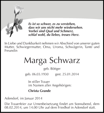 Traueranzeige von Marga Schwarz von Mitteldeutsche Zeitung Mansfelder Land