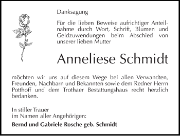 Traueranzeige von Anneliese Schmidt von Mitteldeutsche Zeitung Halle/Saalkreis