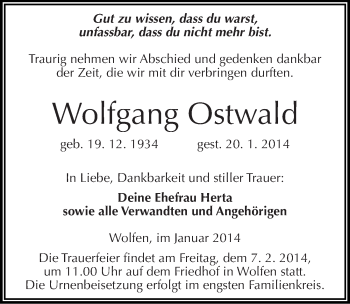 Traueranzeige von Wolfgang Ostwald von Mitteldeutsche Zeitung Bitterfeld