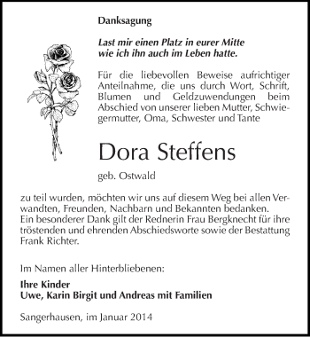 Traueranzeige von Dora Steffens von Mitteldeutsche Zeitung Sangerhausen