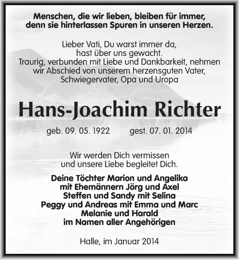  Traueranzeige für Hans-Joachim Richter vom 29.01.2014 aus Mitteldeutsche Zeitung Halle/Saalkreis