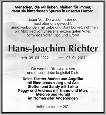 Traueranzeige von Hans-Joachim Richter von Mitteldeutsche Zeitung Halle/Saalkreis