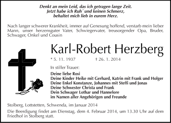 Traueranzeige von Karl-Robert Herzberg von Mitteldeutsche Zeitung Sangerhausen