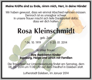 Traueranzeige von Rosa Kleinschmidt von Mitteldeutsche Zeitung Mansfelder Land