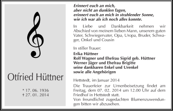 Traueranzeige von Otfried Hüttner von Mitteldeutsche Zeitung Mansfelder Land