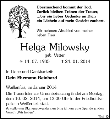 Traueranzeige von Helga Milowsky von Mitteldeutsche Zeitung Weißenfels