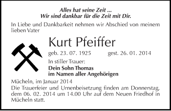 Traueranzeige von Kurt Pfeiffer von Mitteldeutsche Zeitung Merseburg/Querfurt