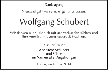 Traueranzeige von Wolfgang Schubert von Mitteldeutsche Zeitung Merseburg/Querfurt