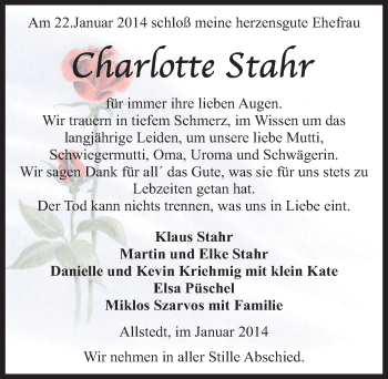 Traueranzeige von Charlotte Stahr von Mitteldeutsche Zeitung Sangerhausen