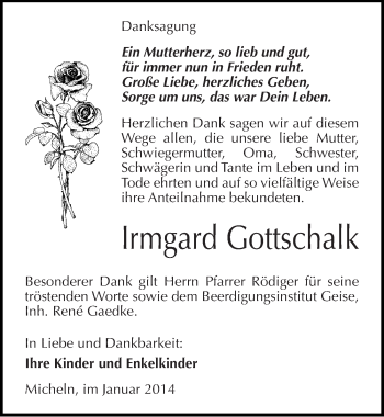Traueranzeige von Irmgard Gottschalk von Mitteldeutsche Zeitung Köthen