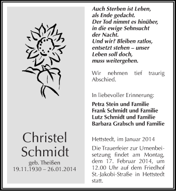 Traueranzeige von Christel Schmidt von Mitteldeutsche Zeitung Mansfelder Land