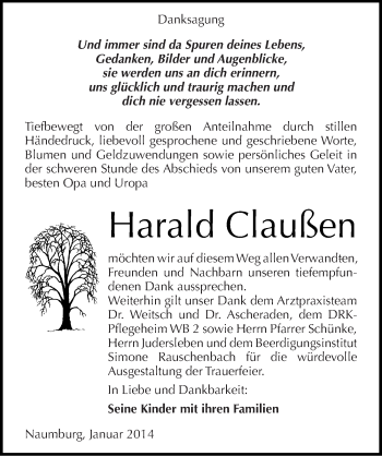 Traueranzeige von Harald Claußen von Mitteldeutsche Zeitung Naumburg/Nebra