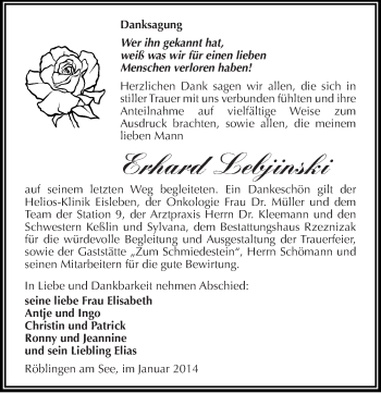 Traueranzeige von Erhard Lebjinski von Mitteldeutsche Zeitung Mansfelder Land