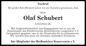Traueranzeige von Olaf Schubert von Mitteldeutsche Zeitung Weißenfels
