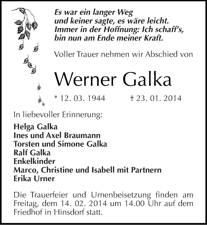  Traueranzeige für Werner Galka vom 31.01.2014 aus Mitteldeutsche Zeitung Köthen
