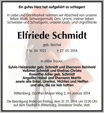 Traueranzeige von Elfriede Schmidt von Mitteldeutsche Zeitung Wittenberg