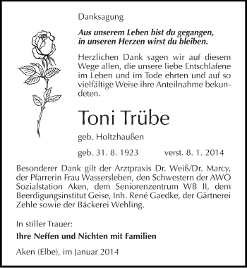 Traueranzeige von Toni Trübe von Mitteldeutsche Zeitung Köthen