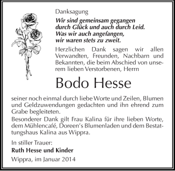 Traueranzeige von Bodo Hesse von Mitteldeutsche Zeitung Mansfelder Land