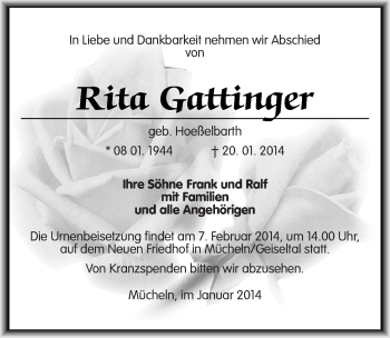 Traueranzeige von Rita Gattinger von Mitteldeutsche Zeitung Merseburg/Querfurt