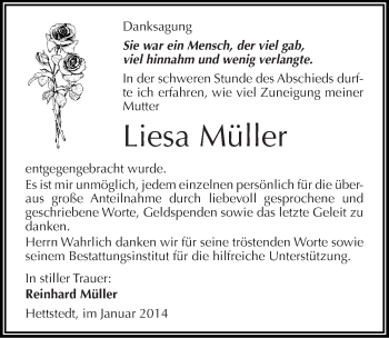 Traueranzeige von Liesa Müller von Mitteldeutsche Zeitung Mansfelder Land