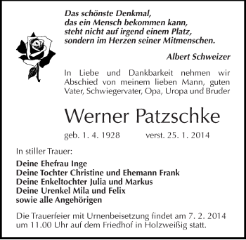 Traueranzeige von Werner Patzschke von Mitteldeutsche Zeitung Bitterfeld