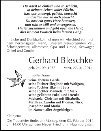 Traueranzeige von Gerhard Bleschke von Mitteldeutsche Zeitung Naumburg/Nebra