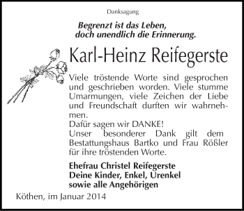 Traueranzeige von Karl-Heinz Reifegerste von Mitteldeutsche Zeitung Köthen