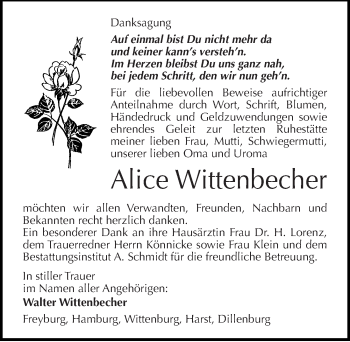 Traueranzeige von Alice Wittenbecher von Mitteldeutsche Zeitung Naumburg/Nebra