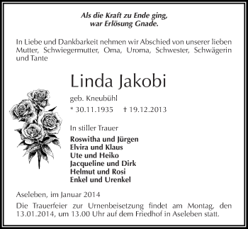 Traueranzeige von Linda Jakobi von Mitteldeutsche Zeitung Mansfelder Land
