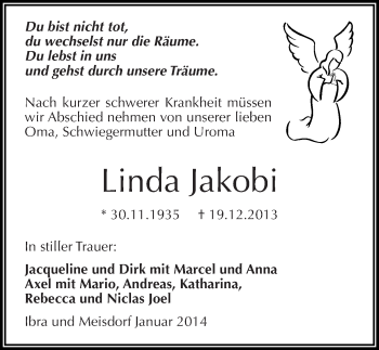 Traueranzeige von Linda Jakobi von Mitteldeutsche Zeitung Mansfelder Land