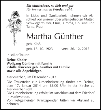 Traueranzeige von Martha Günther von Mitteldeutsche Zeitung Weißenfels
