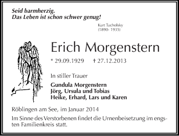 Traueranzeige von Erich Morgenstern von Mitteldeutsche Zeitung Mansfelder Land
