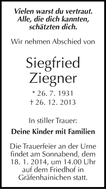 Traueranzeige von Siegfried Ziegner von Mitteldeutsche Zeitung