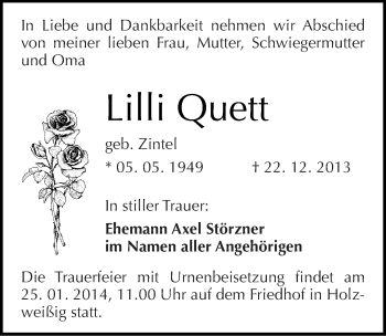 Traueranzeige von Lilli Quett von Mitteldeutsche Zeitung Bitterfeld