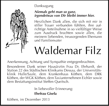 Traueranzeige von Waldemar Filz von Mitteldeutsche Zeitung Köthen