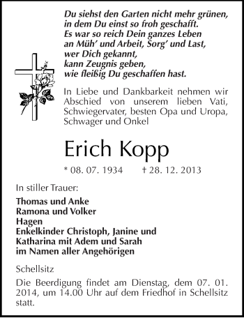 Traueranzeige von Erich Kopp von Mitteldeutsche Zeitung Naumburg/Nebra