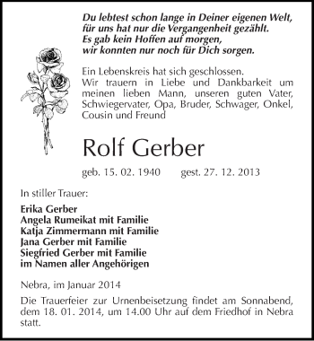 Traueranzeige von Rolf Gerber von Mitteldeutsche Zeitung Naumburg/Nebra